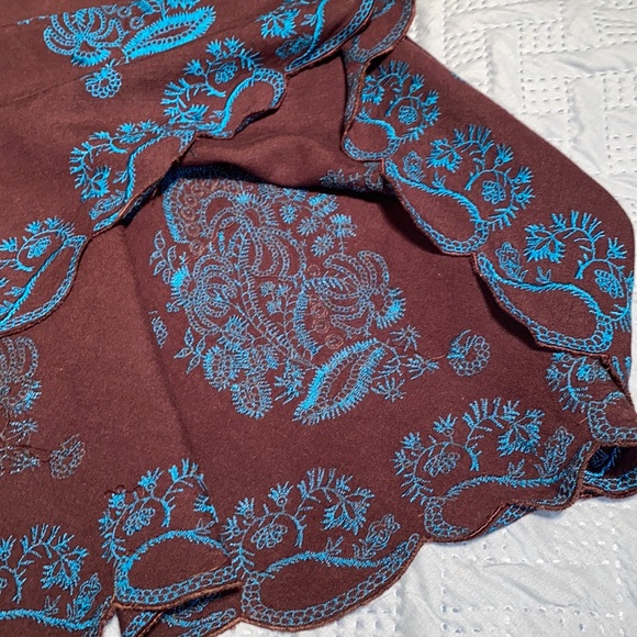 NY Collection Scalloped hem embroidered a-line flare skirt brown turquoise PM - Picture 5 of 11